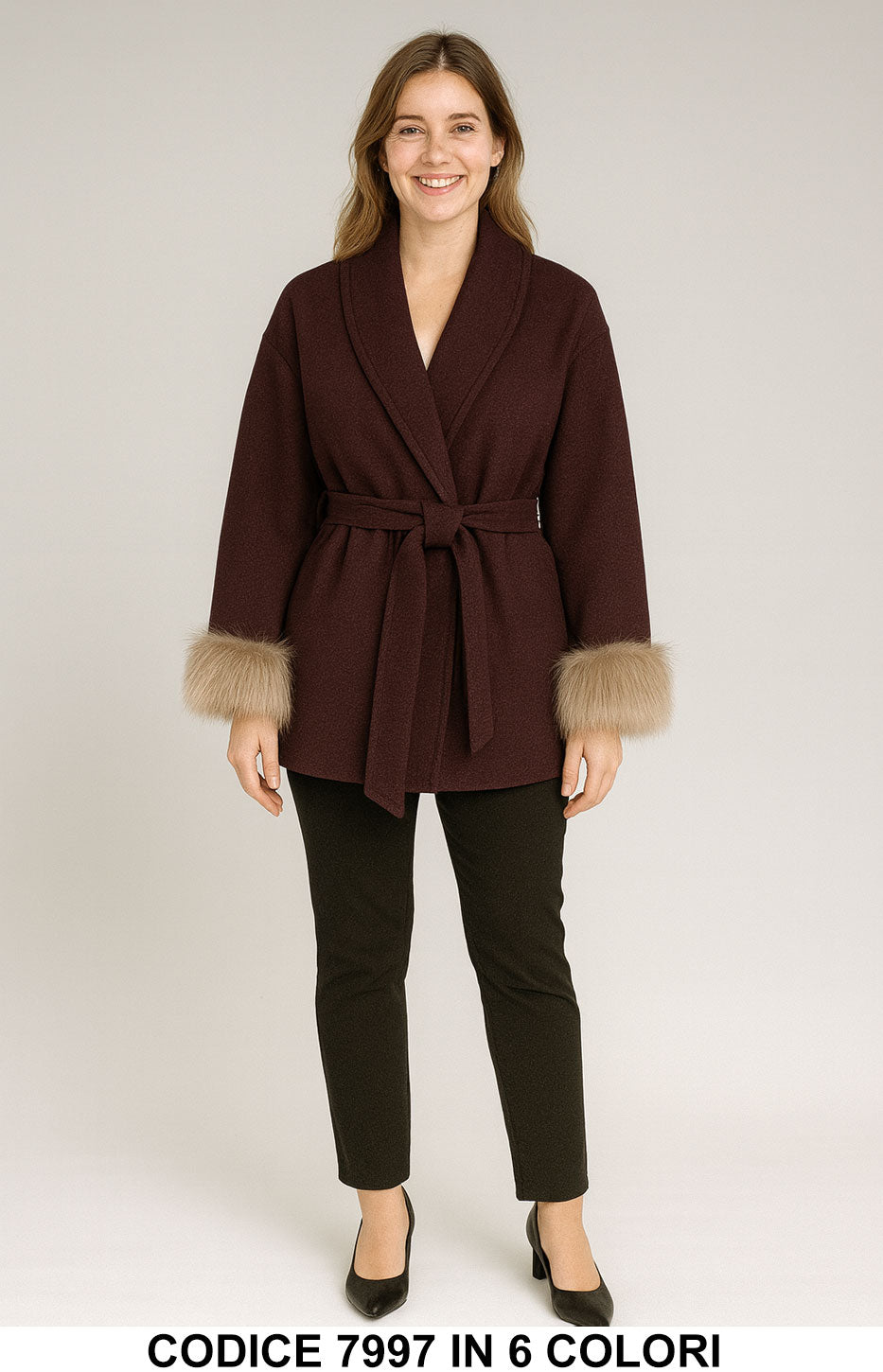Giacchino corto con cintura e polsini in eco pelliccia Giacca Cappotto Elegante in 6 colori – 7997 Giacchino corto con cintura e polsini in eco pelliccia Giacca Cappotto Elegante in 6 colori – 7997
