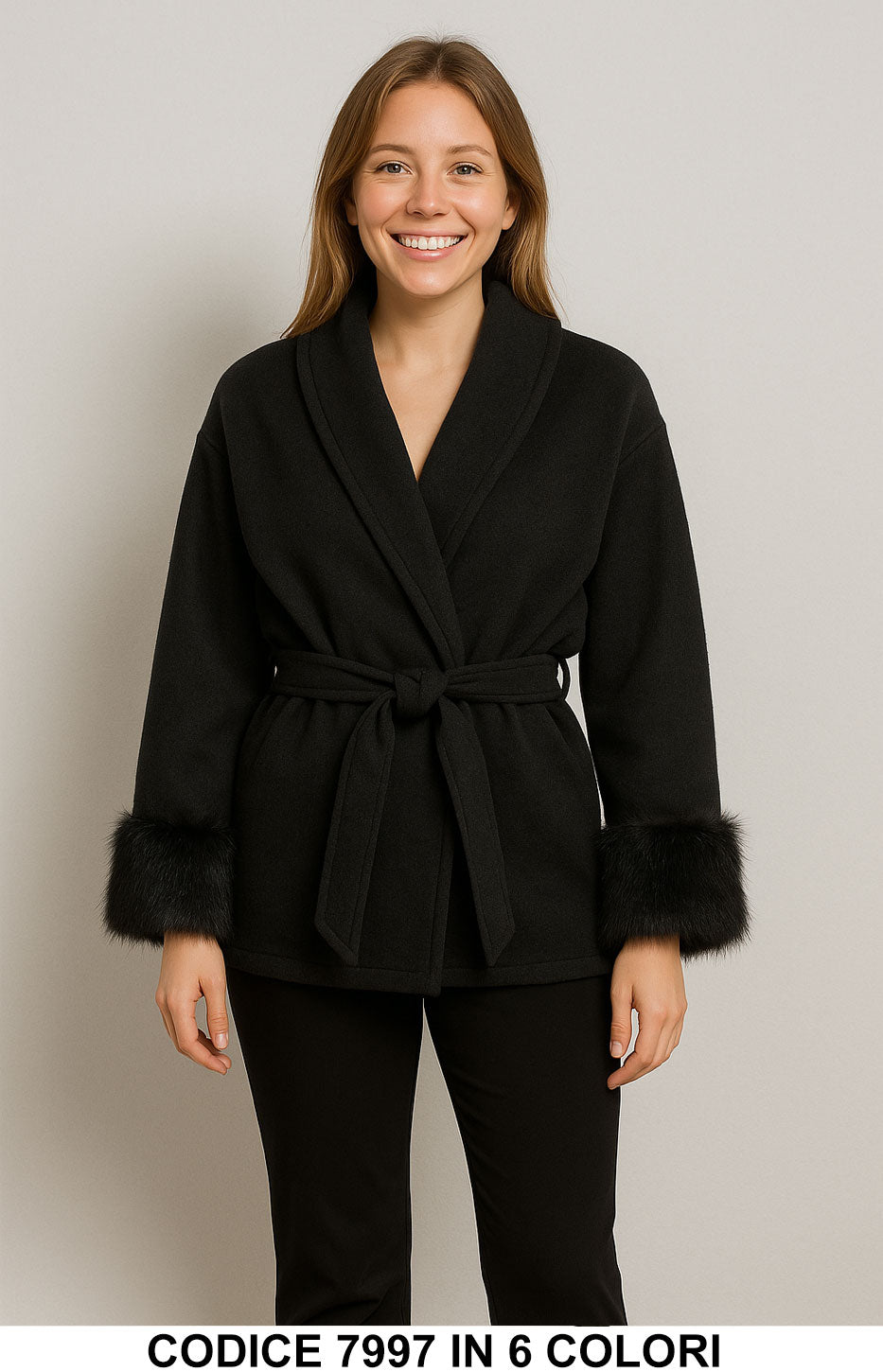 Giacchino corto con cintura e polsini in eco pelliccia Giacca Cappotto Elegante in 6 colori – 7997 Giacchino corto con cintura e polsini in eco pelliccia Giacca Cappotto Elegante in 6 colori – 7997