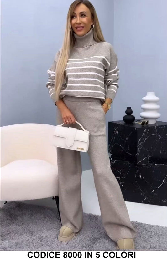 Completo in maglia a righe con collo alto Coordinato Casual Elegante in 5 colori – 8000