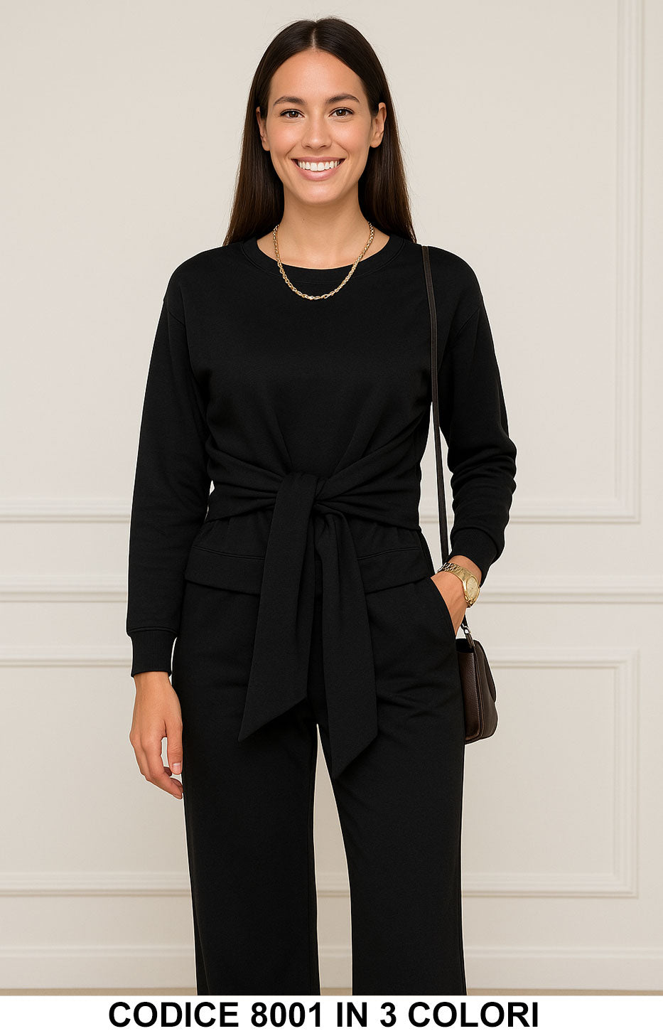 Completo maglia con cintura in tessuto Pantalone Palazzo Coordinato in 3 colori – 8001 Completo maglia con cintura in tessuto Pantalone Palazzo Coordinato in 3 colori – 8001