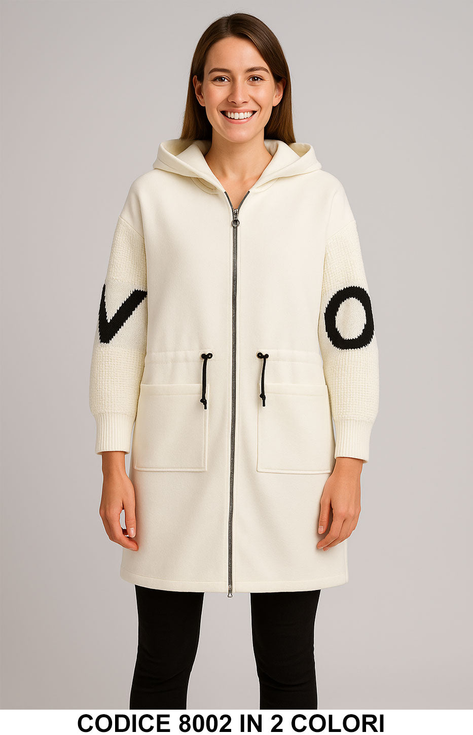 Cappotto con cappuccio e Manica in Maglia con Logo scritta Giubbotto Bianco o Nero – 8002 Cappotto con cappuccio e Manica in Maglia con Logo scritta Giubbotto Bianco o Nero – 8002
