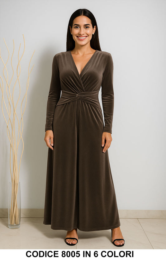Abito lungo elegante in velluto con nodo in vita Vestito Vellutino in 6 colori – 8005