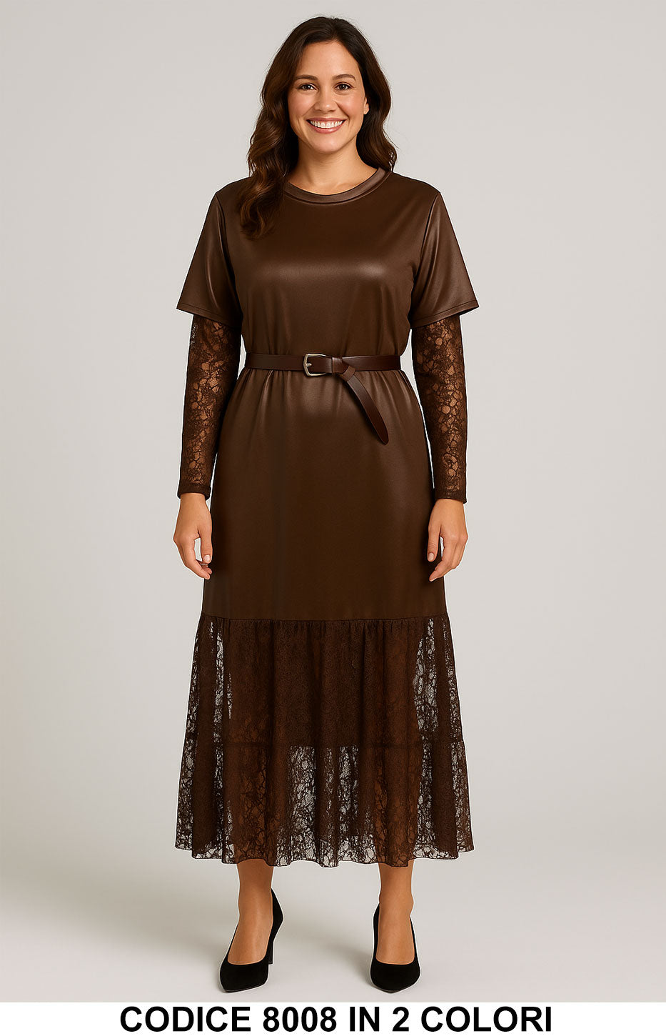 Abito lungo con inserti in pizzo e cintura Vestito Elegante Romantico in 2 colori – 8008 Abito lungo con inserti in pizzo e cintura Vestito Elegante Romantico in 2 colori – 8008