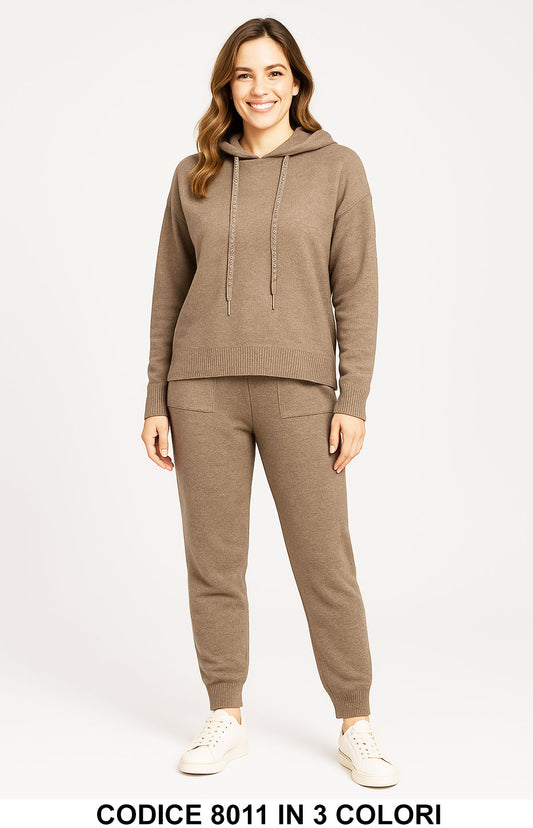 Completo casual con felpa cappuccio laccetti con strass Pantalone Elastico Tuta in 3 colori – 8011