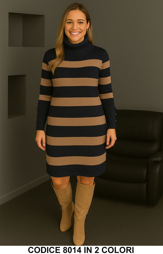 Abito in maglia a righe con collo alto Bottoni Gioiello sui Polsini in 2 colori – 8014
