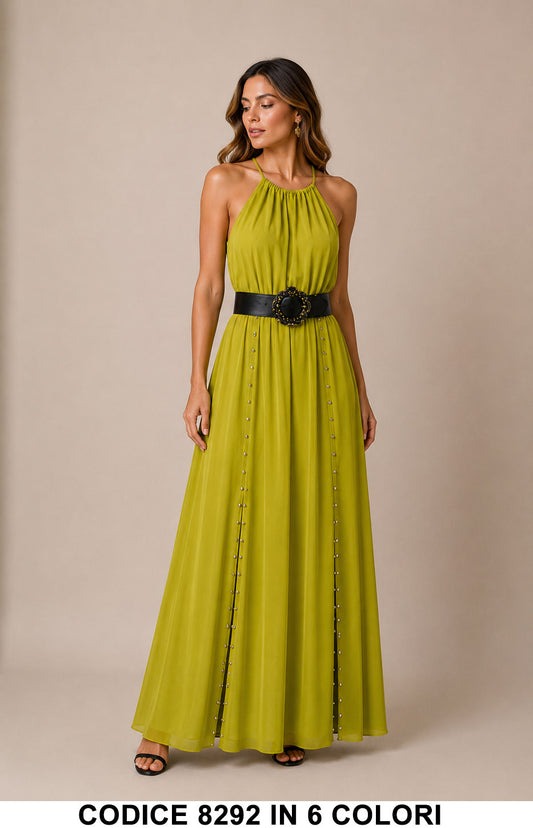 Abito lungo elegante Viscosa cintura gioiello e dettagli metallici Vestito in 6 colori – 8292