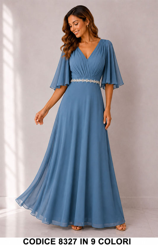 Abito Lungo da Cerimonia Donna Elegante con Scollo a V, Maniche a Mantella e Dettaglio Gioiello in 10 Colori – Codice 8327