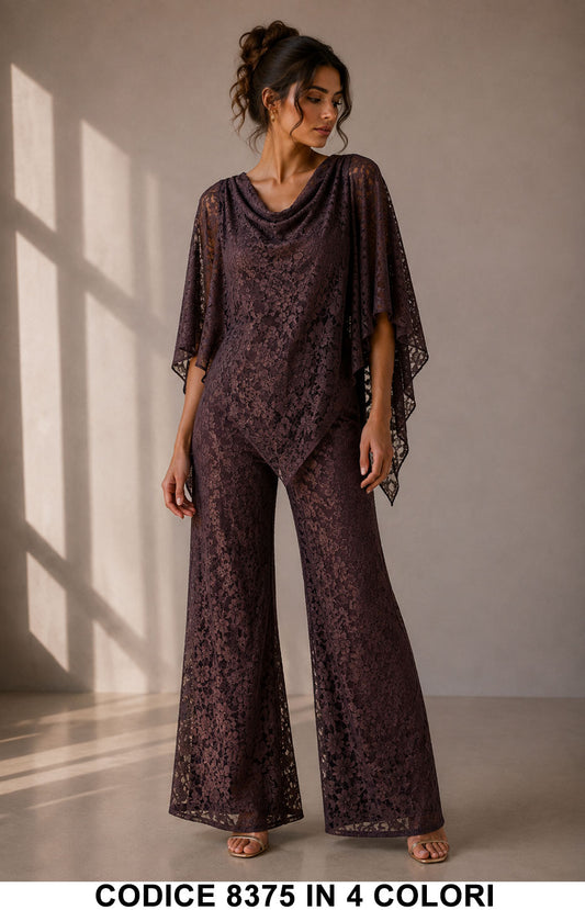 Completo Elegante in Pizzo con Pantalone Palazzo e Maglia Mantella Coordinato Chic in 4 Colori – 8375
