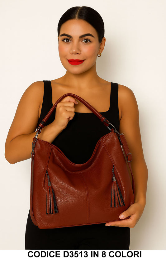 Borsa a spalla grande con nappine decorative e tracolla regolabile in 8 colori – D3513