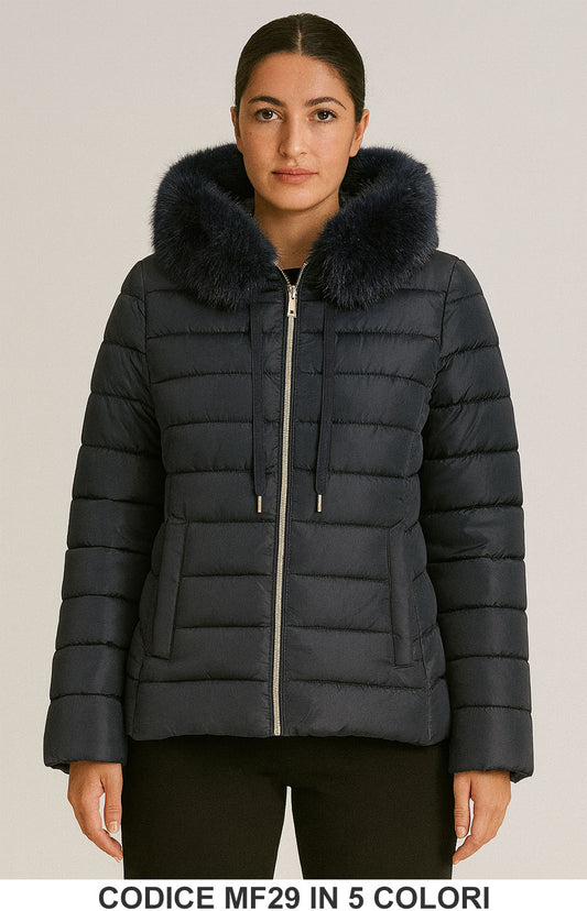 Piumino corto con collo in pelliccia Giubbotto Taglie Forti Trapuntato con Zip in 5 colori – MF29