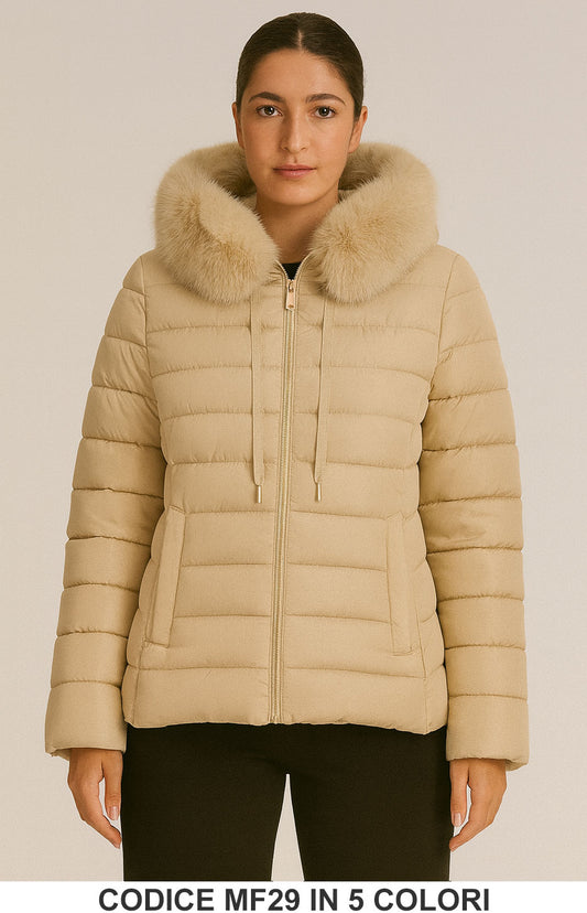 Piumino corto con collo in pelliccia Giubbotto Taglie Forti Trapuntato con Zip in 5 colori – MF29