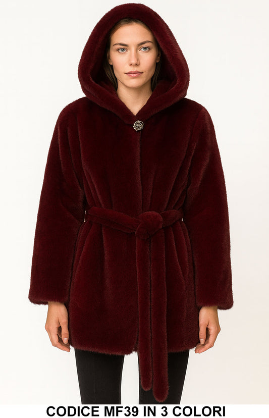Pelliccia Ecologica con Cappuccio e Cintura in Vita – Morbida e Calda – in 3 Colori – MF39