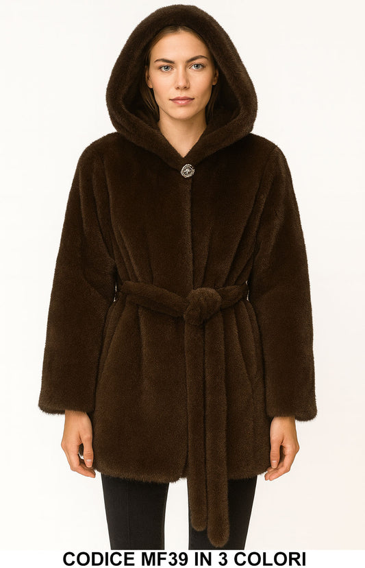 Pelliccia Ecologica con Cappuccio e Cintura in Vita – Morbida e Calda – in 3 Colori – MF39