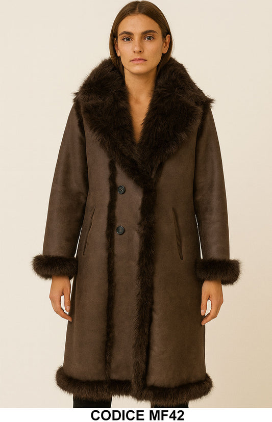 Cappotto Lungo con Interno in Pelliccia Ecologica – Montone Marrone Caffè Elegante e Caldo – MF42