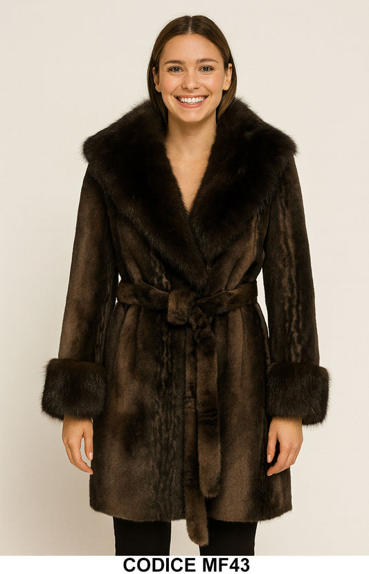 Pelliccia Ecologica Donna con Cintura e Collo Ampio – Cappotto Marrone Caffè Morbida e Calda – MF43