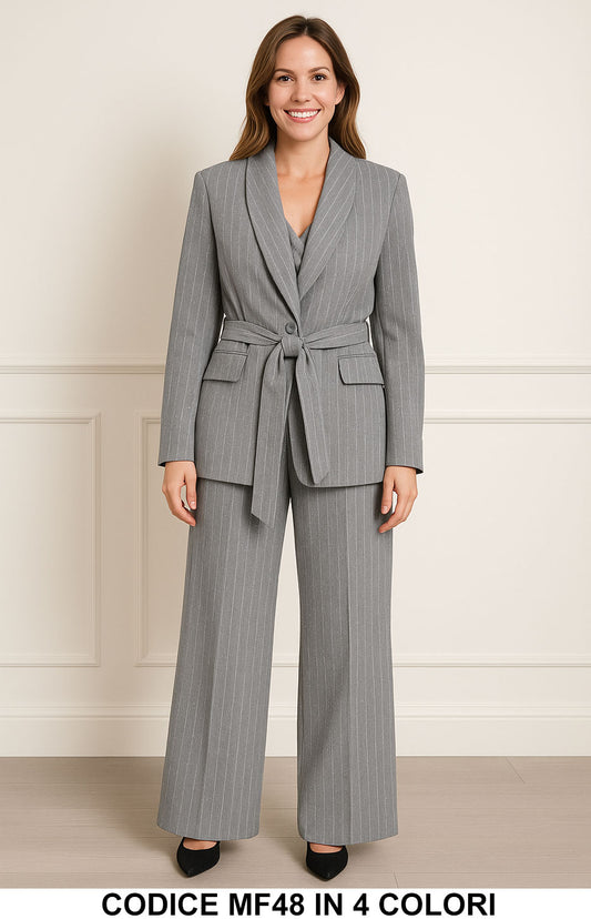 Tailleur con Cintura Completo GIacca Pantalone Palazzo Gessato con Strass Elegante e Versatile in 3 Colori - MF48