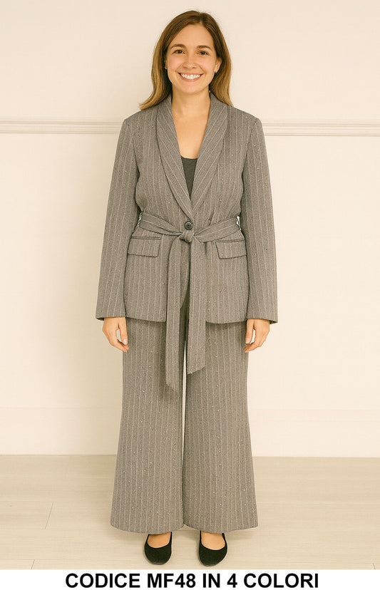 Tailleur con Cintura Completo GIacca Pantalone Palazzo Gessato con Strass Elegante e Versatile in 3 Colori - MF48