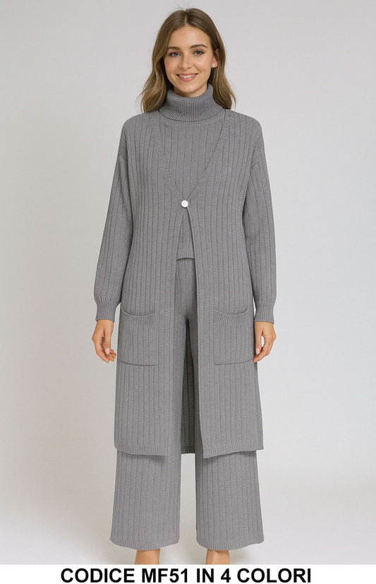 Completo Maglia a Costine 3 Pezzi Cardigan, Maglia Smanicata e Pantalone Palazzo in 4 Colori – MF51