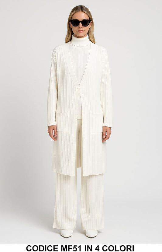 Completo Maglia a Costine 3 Pezzi Cardigan, Maglia Smanicata e Pantalone Palazzo in 4 Colori – MF51