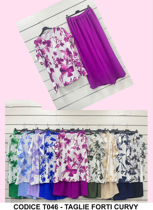 Completo Taglie Forti Curvy Maglietta Floreale Pantalone Zampa Morbido Coordinato Casual In Lilla - T046Out