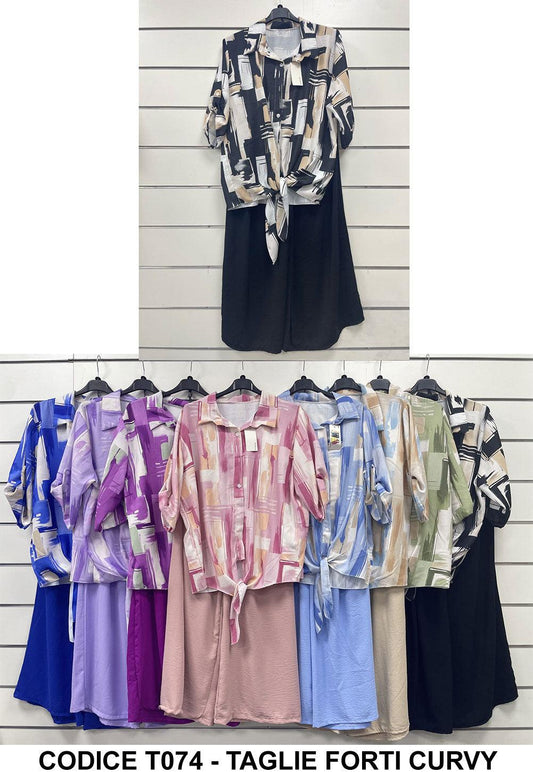 Completo Taglie Forti Curvy Camicia Con Drappeggio Pantalone Palazzo Coordinato Elegante Casual In 3 Colori - T074Out