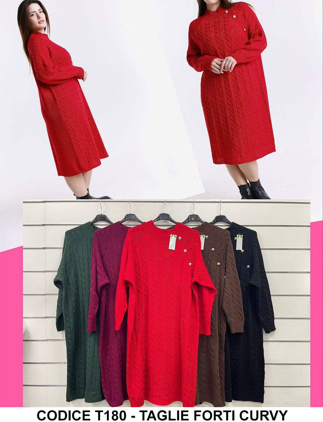 Abito Lungo Taglie Forti Curvy Bottoni Gioiello Caldo Morbido Trama Tr I Love Dress