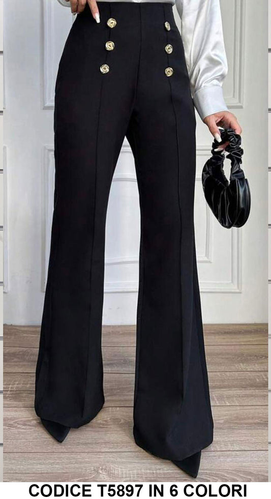 Pantaloni Donna con Bottoni Gioiello Modello Zampa Taglie Forti Curvy Pantalone in 6 Colori - T5897