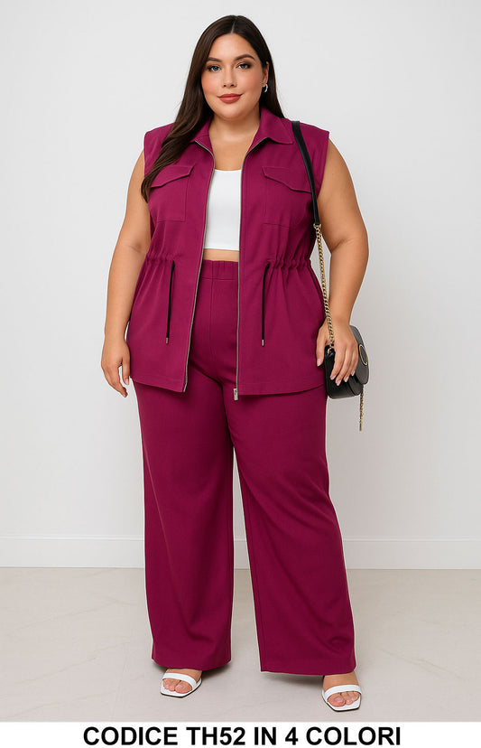 Completo senza maniche con zip e pantalone palazzo Taglie Forti Coordinato Curvy in 4 colori – TH52