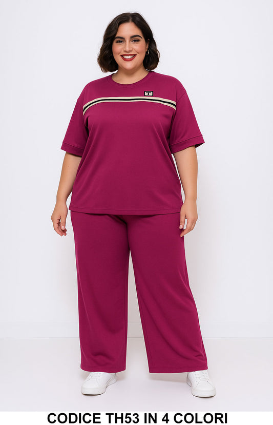 Completo casual con maglia e pantalone palazzo Taglie Forti Tuta Curvy con Righe in 4 colori – TH53