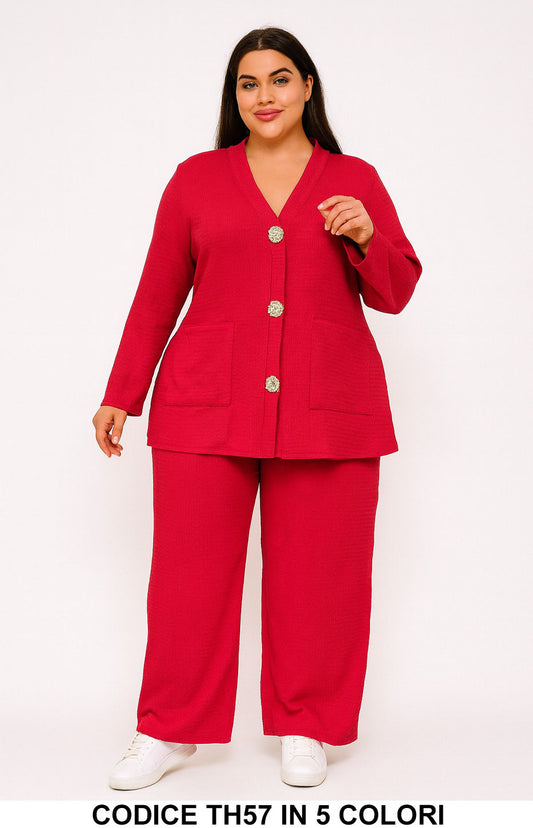 Completo curvy con giacca a bottoni gioiello e pantalone ampio Coordinato Casual in 5 colori – TH57
