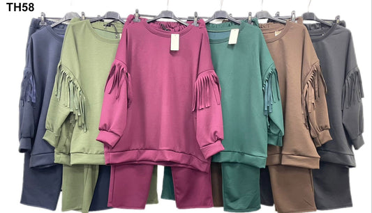 Completo curvy con frange sulle maniche e pantalone ampio Tuta Sportiva Felpata taglie forti in 6 colori – TH58