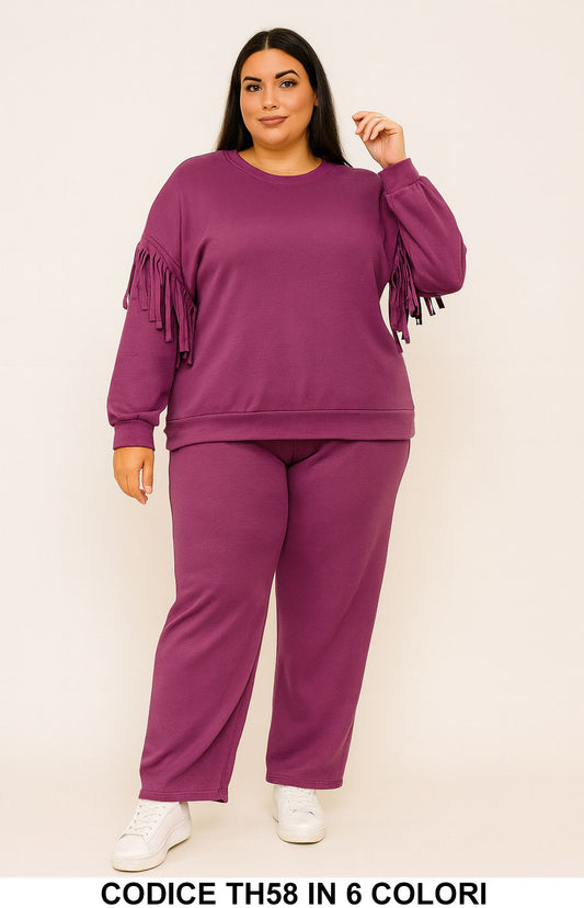 Completo curvy con frange sulle maniche e pantalone ampio Tuta Sportiva Felpata taglie forti in 6 colori – TH58