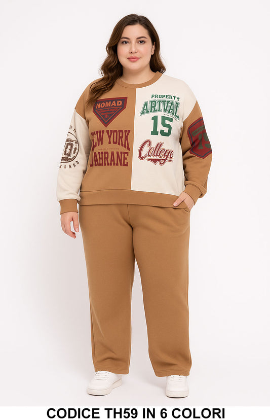 Completo curvy stile college con felpa stampata e pantalone Tuta Sportiva Taglie Forti in 6 colori – TH59
