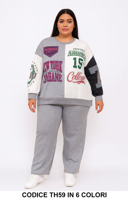 Completo curvy stile college con felpa stampata e pantalone Tuta Sportiva Taglie Forti in 6 colori – TH59