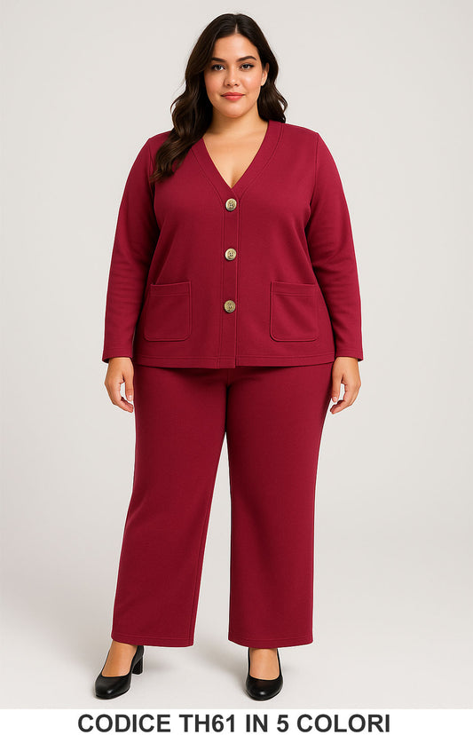 Completo Curvy con Giacca a Bottoni e Pantalone Palazzo Coordinato Taglie Forti in 5 Colori – TH61