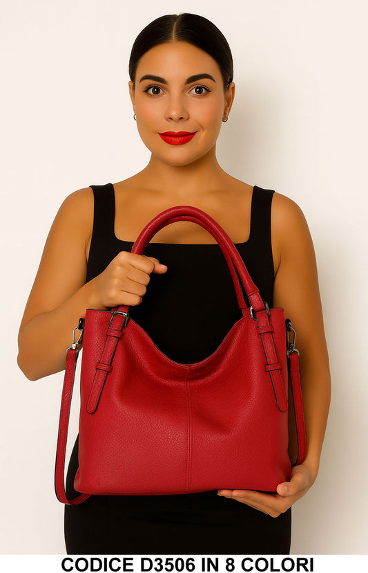 Borsa shopper capiente in ecopelle martellata con tracolla regolabile in 8 colori – D3506