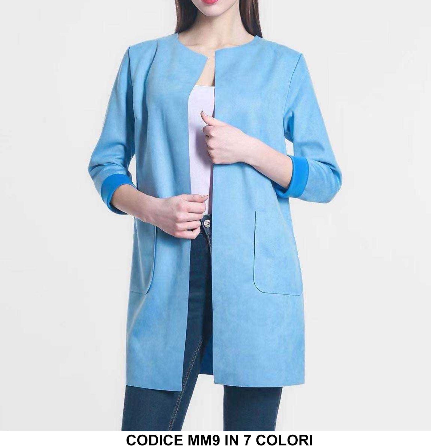 Giacca Lunga in Scamosciato Leggero Linea Pulita e Versatile Blazer Celeste Azzurro - MM9Out Giacca Lunga in Scamosciato Leggero Linea Pulita e Versatile Blazer Celeste Azzurro - MM9Out