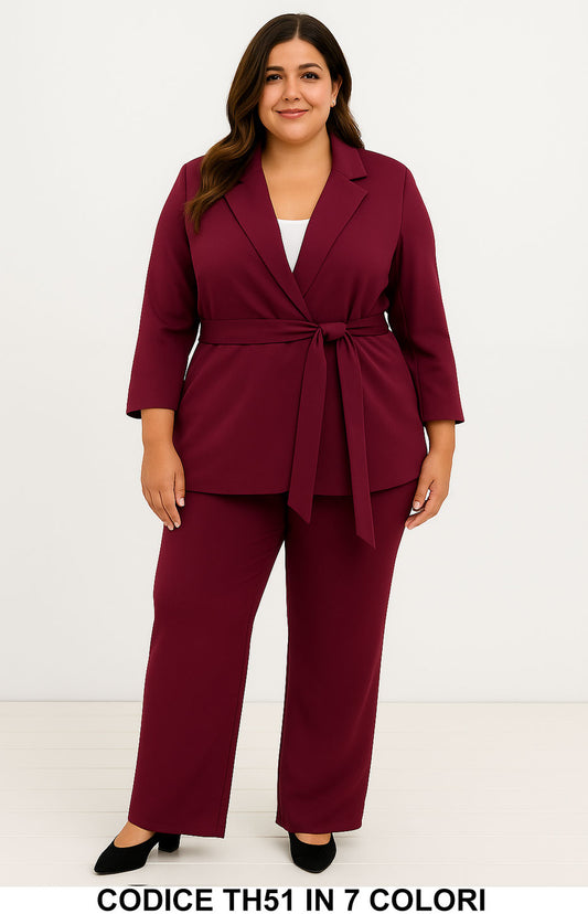 Tailleur curvy Giacca con cintura Pantalone Palazzo Completo Taglie Forti in Bordeaux – TH51Out