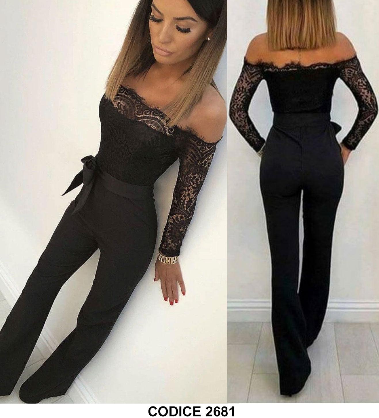 Tuta Donna Intera Elegante Jumpsuit Cocktail Schiena scoperta Finiture in pizzo Merlettato Cerimonia in 2 Colori - 2681 Tuta Donna Intera Elegante Jumpsuit Cocktail Schiena scoperta Finiture in pizzo Merlettato Cerimonia in 2 Colori - 2681