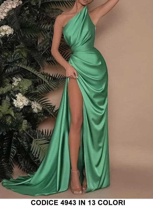 Abito Donna Lungo Mono Spalla Spacco Alto Morbido Elegante Vestito Cerimonia in 2 Colori - 4943Out