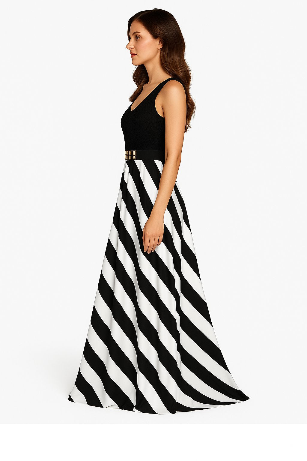 Abito Lungo Strisce nero e bianco Vestito Elegante Cerimonia con Corpetto Merlettato Serata Evento - 1231