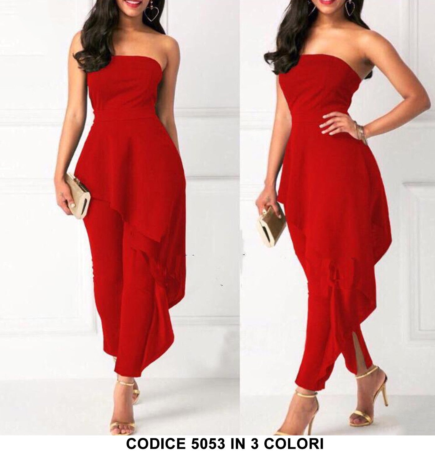 Tuta Donna Elegante Fascia Scollo Cuore Asimmetrica Elastica Eventi Serata in 4 Colori - 5053