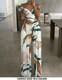 Tuta Jumpsuit Elegante Spalle Scoperte Scollo a Cuore Pantalone Palazzo in 2 Colori - 4392
