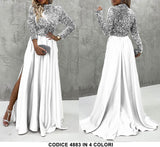 Abito Lungo da Cerimonia Spacco Laterale e Parte superiore in Paillettes Vestito in 11 Colori - 4883