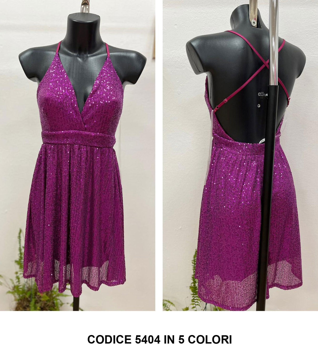 Abito Corto Elegante Smanicato Spalle Scoperte Paillettes Sensuale Vestito in 5 Colori - 5404