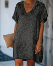 Abito Vestito Corto con Paillettes Elegante Mezza Manica Nero Abito Casual Chic - 4364Out