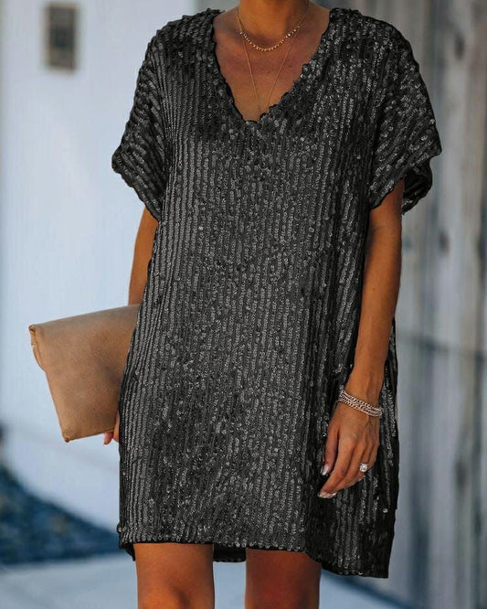 Abito Vestito Corto con Paillettes Elegante Mezza Manica Nero Abito Casual Chic - 4364Out