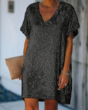 Abito Vestito Corto con Paillettes Elegante Mezza Manica Nero Abito Casual Chic - 4364Out