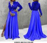 Abito Lungo da Cerimonia Spacco Laterale e Parte superiore in Paillettes Vestito in 11 Colori - 4883