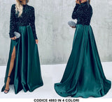 Abito Lungo da Cerimonia Spacco Laterale e Parte superiore in Paillettes Vestito in 11 Colori - 4883